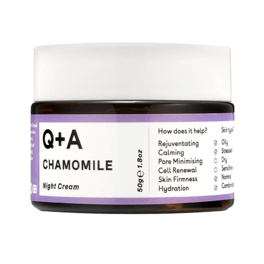 Q&amp;A, успокаивающий ночной крем для лица Chamomile: успокаивает, увлажняет и восстанавливает кожу, снимает покраснения и воспаления. В составе: экстракт ромашки, бисаболол, масло семян жожоба. (в Foam)