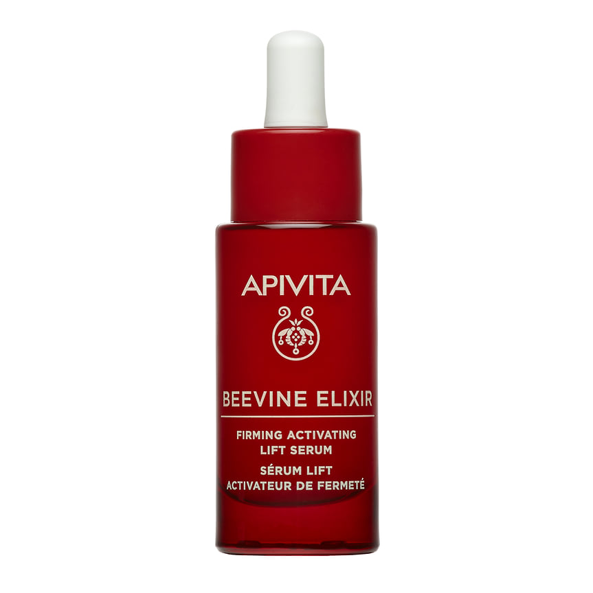 Apivita, сыворотка для лифтинга и повышения упругости кожи Beevine Elixir. Активные ингредиенты: комплекс прополифт (полифенолы прополиса и винограда в высокой концентрации), растительный коллаген, гиалуроновая кислота, ниацинамид 5%