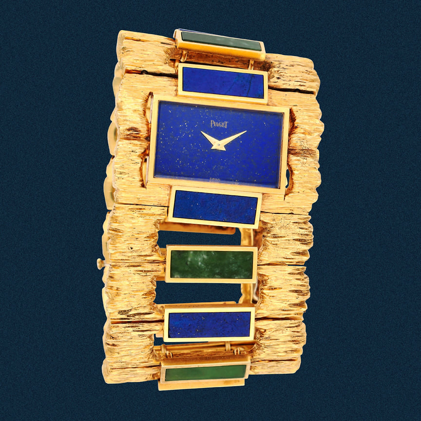 Часы-браслет Piaget, 1970. Желтое золото, ляпис-лазурь, жад. Эстимейт 20-30 тыс швейцарских франков