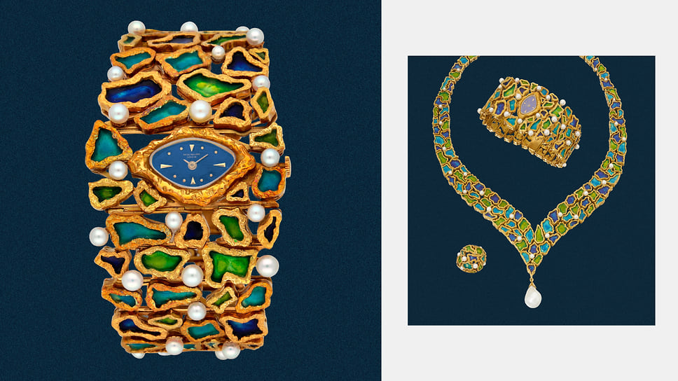 Часы Patek Philippe, 1962. Вероятно, это уникальный комплект из часов-браслета, кольца и ожерелья, созданный ювелиром Жильбером Альбером для Patek Philippe. Каждое изделие выполнено из желтого золота, украшено эмалью и украшено жемчугом. Эстимейт 30-50 тыс швейцарских франков