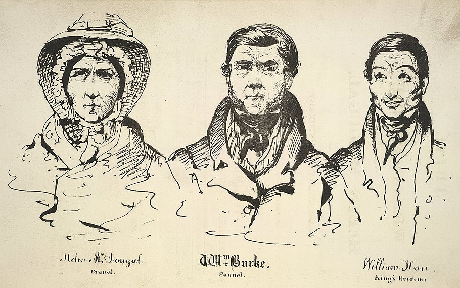 Хелен Макдугал, Уильям Берк (в центре) и Уильям Хэир решили, что проще умертвить живого, чем выкапывать мертвого 
