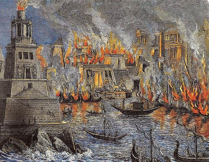 В пожаре, который устроили в Александрии римляне в 48 г. до н. э., пострадала и знаменитая библиотека 