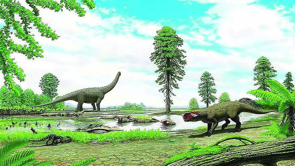 Реконструкция раннемелового пеи&amp;#774;зажа. На переднем плане слева пситтакозавр сибирскии&amp;#774;, справа некрупная крокодилообразная рептилия тагарозух Кулемзина. На заднем плане стадо пситтакозавров в водоеме и ги- гантскии&amp;#774; растительноядныи&amp;#774; динозавр из группы завропод. Реконструкция художника Андрея Атучина