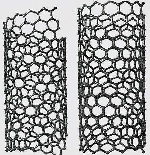 Схематическое изображение одностенных углеродных нанотрубок с различной
хиральностью (углом закручивания графеновой сетки)