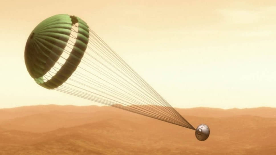 Сверхзвуковой парашют на Марсе в процессе посадки марсохода «Кьюриосити», художественное изображение