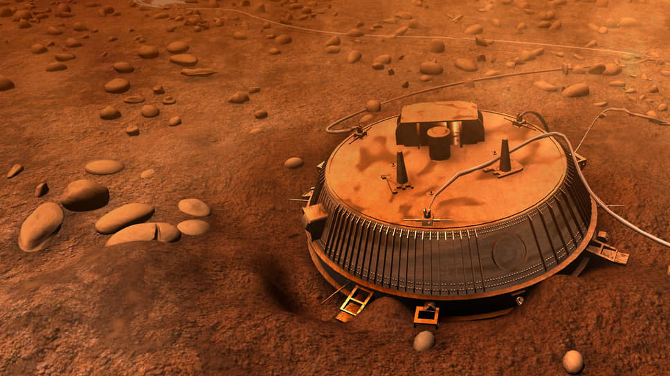 «Гюйгенс» на поверхности Титана после приземления в изображении художника