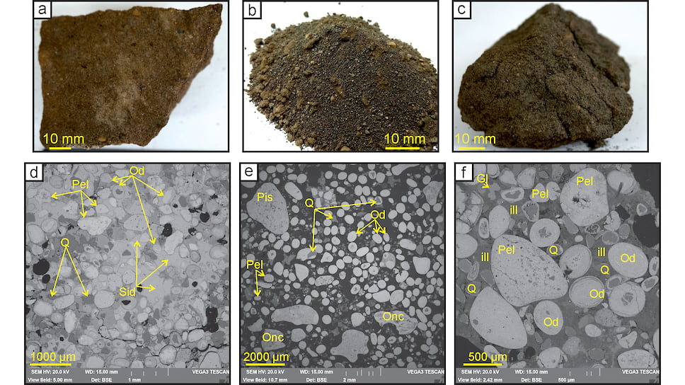 Фотографии образцов оолитовой железной руды Бакчарского месторождения с их электронными снимками