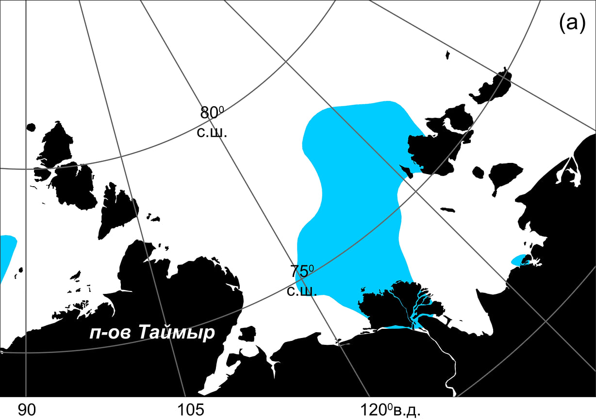 Граница льда (белый цвет) и открытой воды (голубой цвет) в море Лаптевых 15 июля в 2005 г. (а) и в 2020 г. (б)