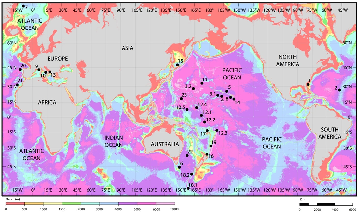 Батиметрическая карта Мирового океана, с указанием географического распространения мшанок на железомарганцевых корках