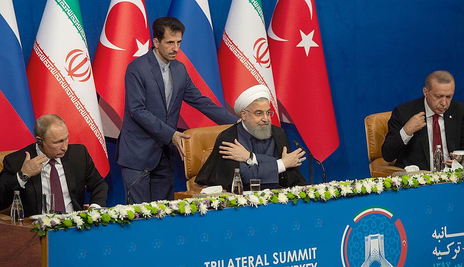 Президент России Владимир Путин, президент  Ирана Хасан Роухани и  президент Турции Реджеп Эрдоган