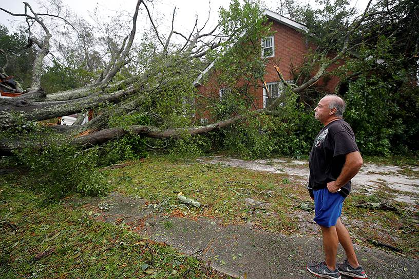 Житель Уилмингтона Грег Мортер оценивает ущерб после того, как большой дуб упал на его дом и дом соседа