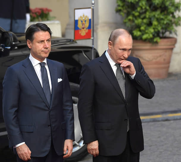 Джузеппе Конте и Владимир Путин 4 апреля 2019 года в Италии