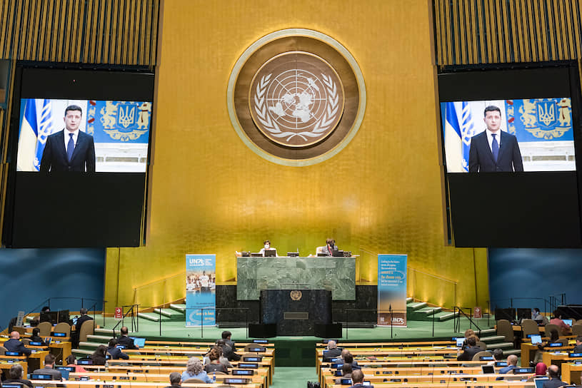 Владимир Зеленский во время выступления по случаю 75-летия Генеральной Ассамблеи ООН
