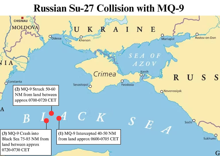 Европейское командование вооруженных сил США опубликовало в Twitter карту, где указано приблизительное место падения беспилотника MQ-9 Reaper в Черном море 14 марта