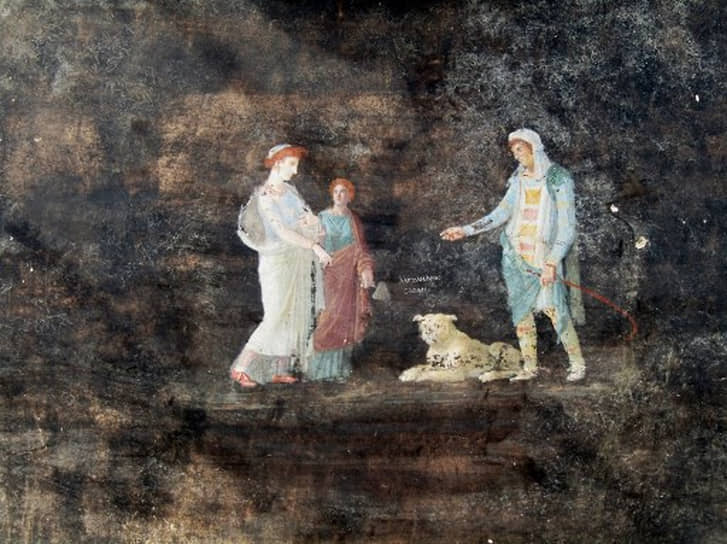 Фреска с изображением встречи принца Трои Париса со спартанской царицей Еленой — ее дальнейшее похищение спровоцировало Троянскую войну 