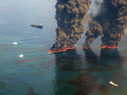 Нефтяные пятна пытаются сжигать в море еще до того, как течение прибьет их к берегу, но такие меры пока не помогают, и в нефтяной жиже гибнет все живое. Токсичная слизь стала поражать и людей