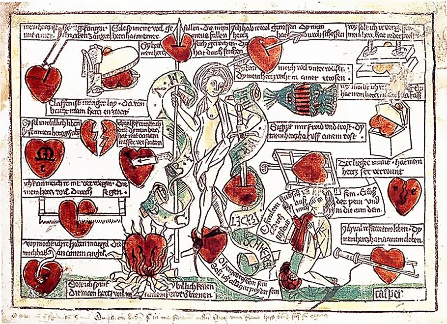 Любовь сжимает сердце, разрывает его на части, жжет огнем, поражает насквозь. Старинная раскрашенная ксилография Каспера Регенсбургского &quot;Госпожа Венера и влюбленный&quot; (ок. 1485 года)