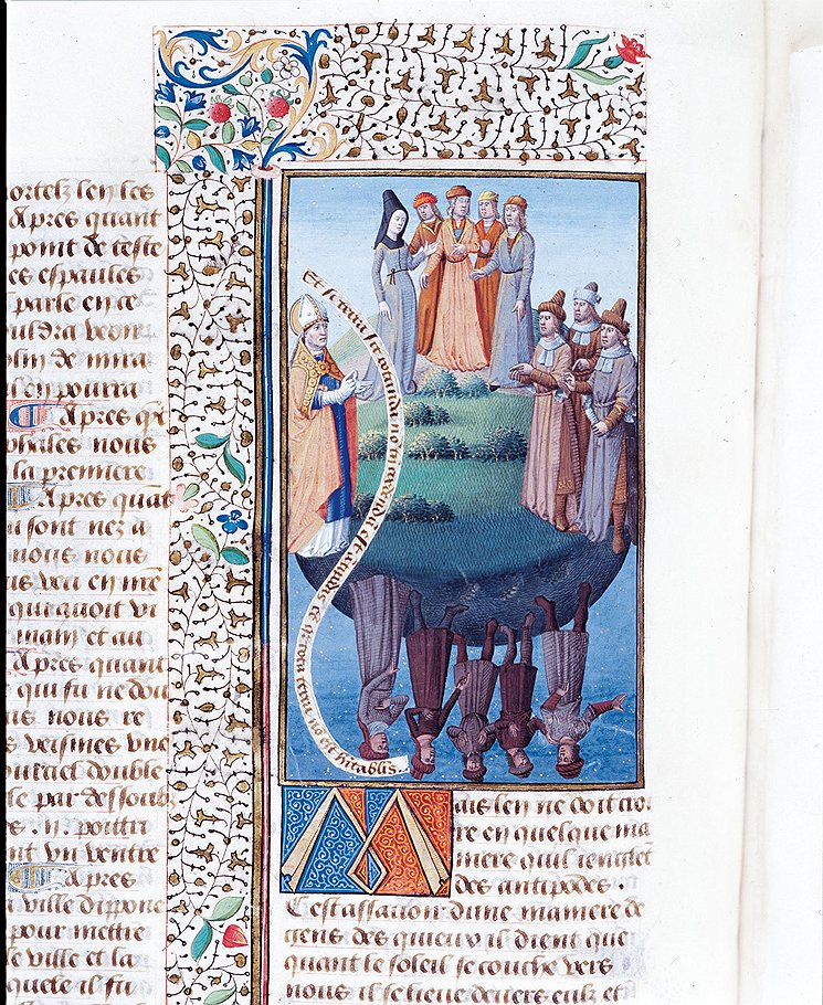 Иллюстрация к трактату Августина Блаженного &quot;О граде Божием&quot; (Франция, XV век), на которой представлена шарообразная Земля с антиподами.