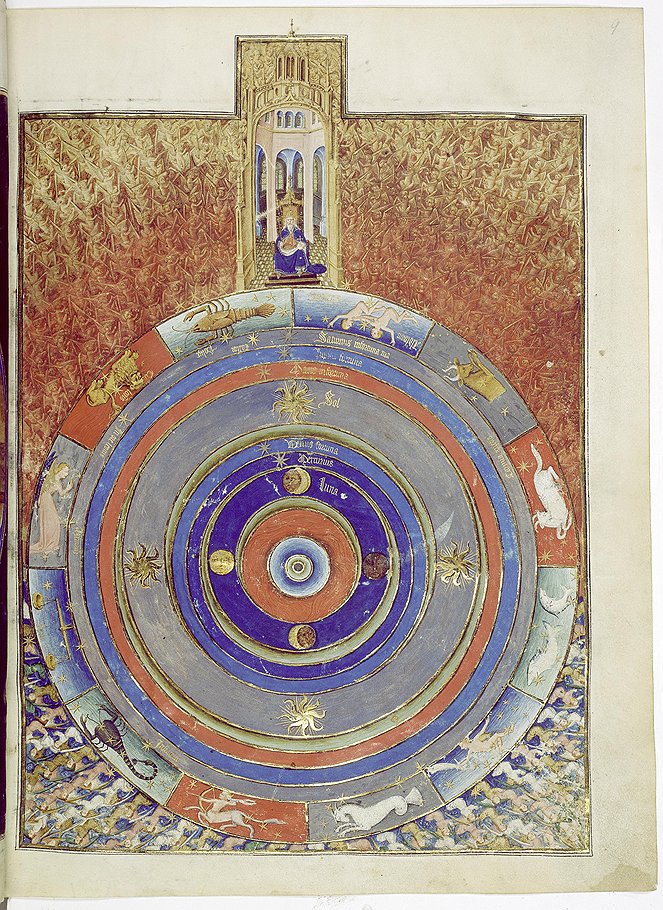 Устройство Вселенной из &quot;Библейских историй&quot; Эверта ван Зуденбальха (Нидерланды, XV век). В центре -- Земля, окруженная сферой воды (зеленое кольцо), сферой воздуха (синее кольцо) и огненной сферой (красное кольцо). Далее идут сферы планет -- Луны (наш спутник дан сразу в четырех фазах), Меркурия, Венеры, Солнца, Марса, Юпитера и Сатурна. Планетарные сферы окружает зодиак, за ним -- мир ангелов и престол Божий