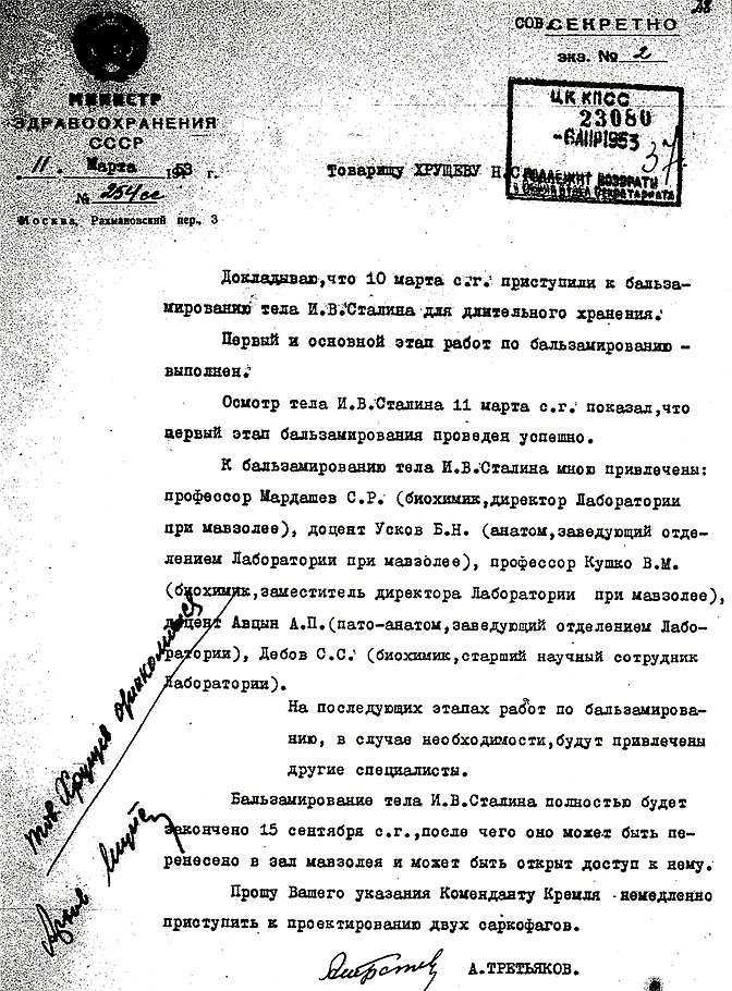 Уникальный документ: докладная о ходе работ по мумификации Сталина 