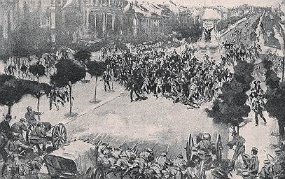 Кровавое столкновение на проспекте Свободы в Лиссабоне. Верные королю артиллеристы стреляют в бунтующую толпу