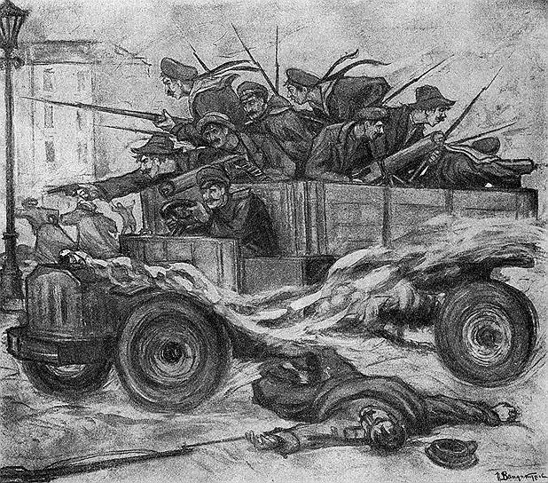 Грузовик с кронштадтскими матросами, солдатами и рабочими-большевиками терроризирует население столицы (стиль &quot;Огонька&quot; N 28-29 1917 года в подписях сохранен) 