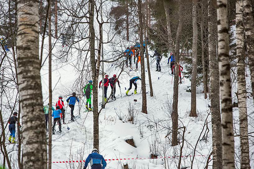Открытый чемпионат Санкт-Петербурга по ски-альпинизму на курорте &quot;Золотая долина&quot; в Коробицыно. Уход со стартовой поляны — захватывающее зрелище. Вопрос один: кто завоюет поул-позицию? 