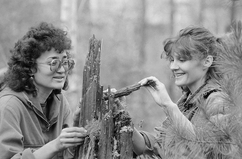 Ученые пытаются проникнуть в тайну тунгусского явления уже много лет: на этой фотографии участницы советской экспедиции исследуют деревья, сохранившиеся со времени взрыва
