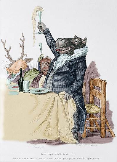 Пьет как бегемот! Так французская карикатура 1842 года изображала социальную жизнь в Париже