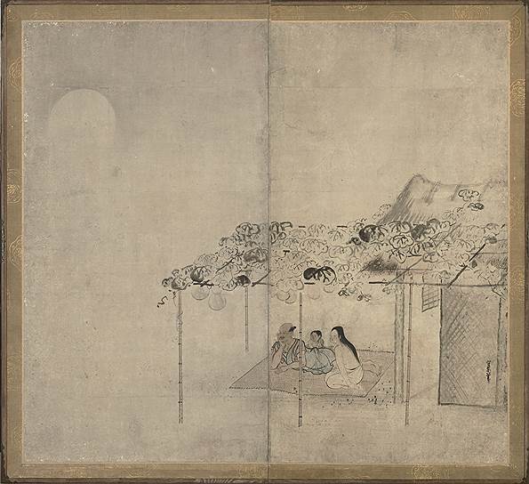 Кусуми Морикагэ (около 1620–1690 (?)). «Любовники, наслаждающиеся вечерней прохладой». Двустворчатая ширма
