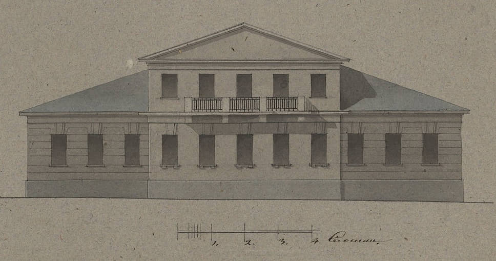 Фасад дома Римских-Корсаковых на Остоженке в 1836 году. Архивный чертеж 