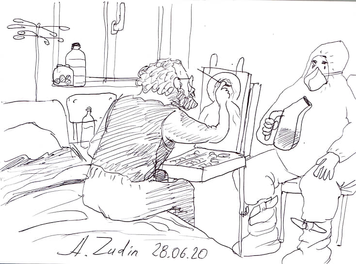 Рисунок художника-карикатуриста Александра Зудина, посвященный коронавирусу COVID-19. Александр создал целую серию работ, находясь в больнице