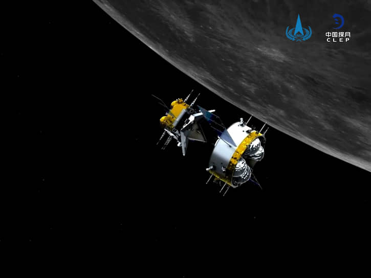 Китайский аппарат на лунной орбите перед стартом на Землю (смоделировано на компьютере)
