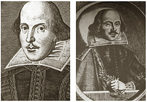 На фото слева—титульный лист Первого Фолио Шекспира. На фото справа—его портрет в книге сонетов, изданной в 1640 году. Считается, что в этих портретах спрятан намек на двух авторов, стоявших за Шекспиром 