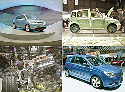 Основной девиз нынешнего автосалона—компактность (вверху слева — Urban Cruiser, вверху справа — Fiat 500, внизу справа—Chevrolet Aveo) и экологичность (внизу слева—дизельный двигатель от SsangYoung)