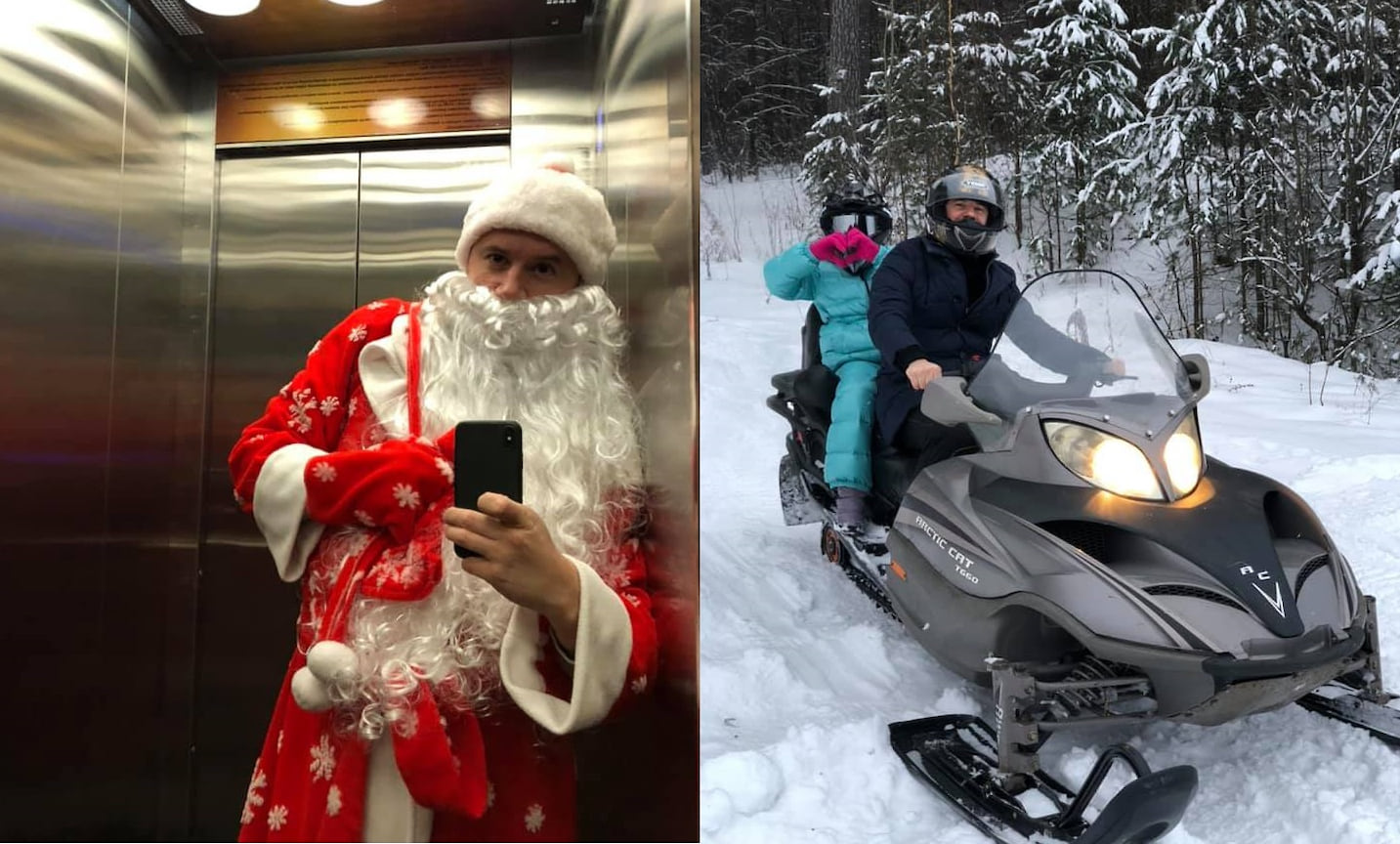 Генеральный директор Корпорации развития Удмуртии Константин Сунцов в роли Деда Мороза и за рулем снегохода.