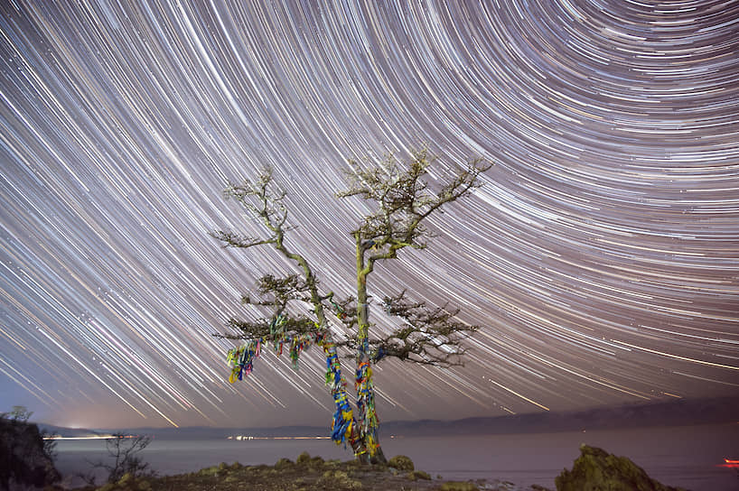 Звездное небо, снятое на длительной выдержке, и дерево с обрядовыми священными ленточками на скале Шаманка на берегу Байкала