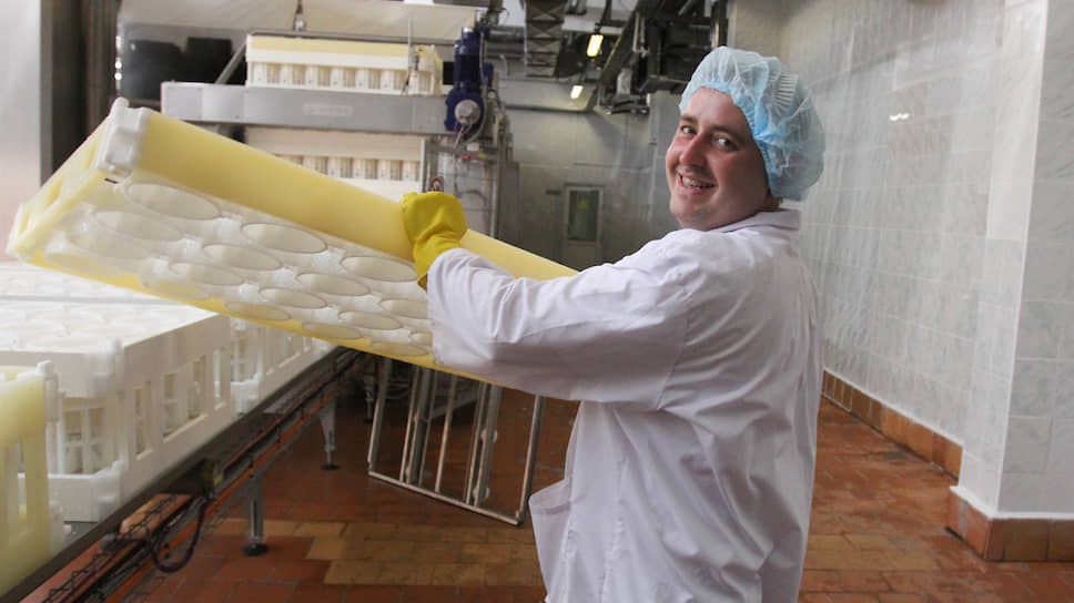 Рубцовский молочный завод — единственный производитель сыра «Ламбер», который занимает до 50% от общего объема сычужных сыров, выпущенных в регионе. На фото — рабочий держит формы для сырного зерна на участке формирования сырных головок