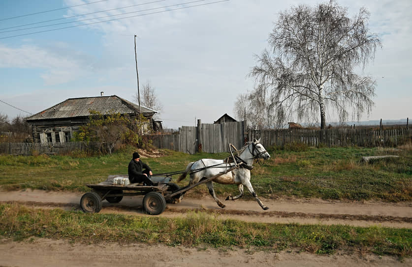 Мужчина на телеге едет по улице поселка Верблюжье Омской области