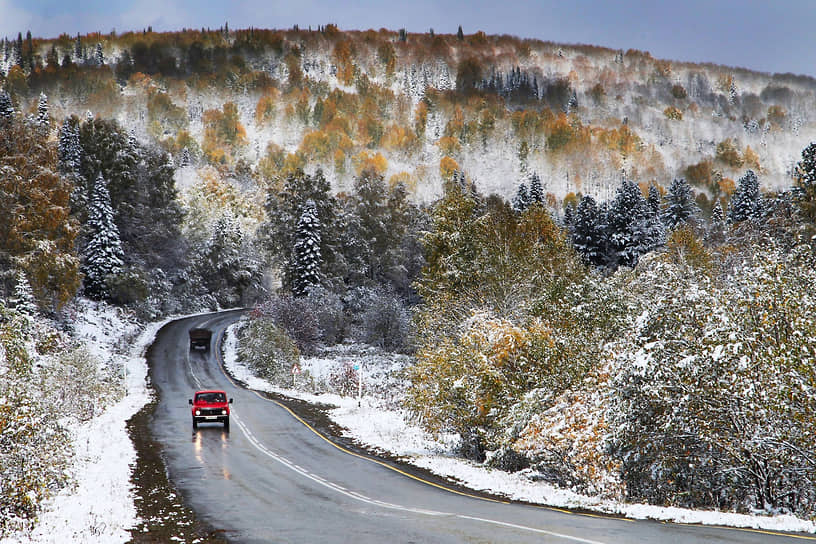 Дорога к Телецкому озеру. Снегопад в Чойском районе Республики Алтай 
