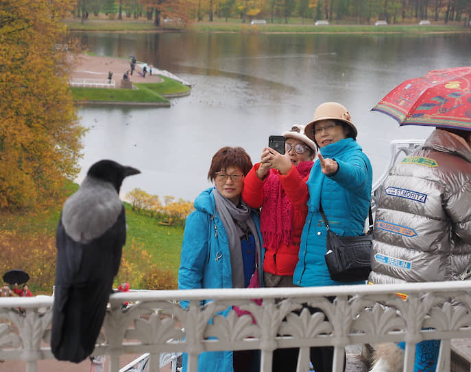 Иностранные туристы в Пушкине. Екатерининский парк