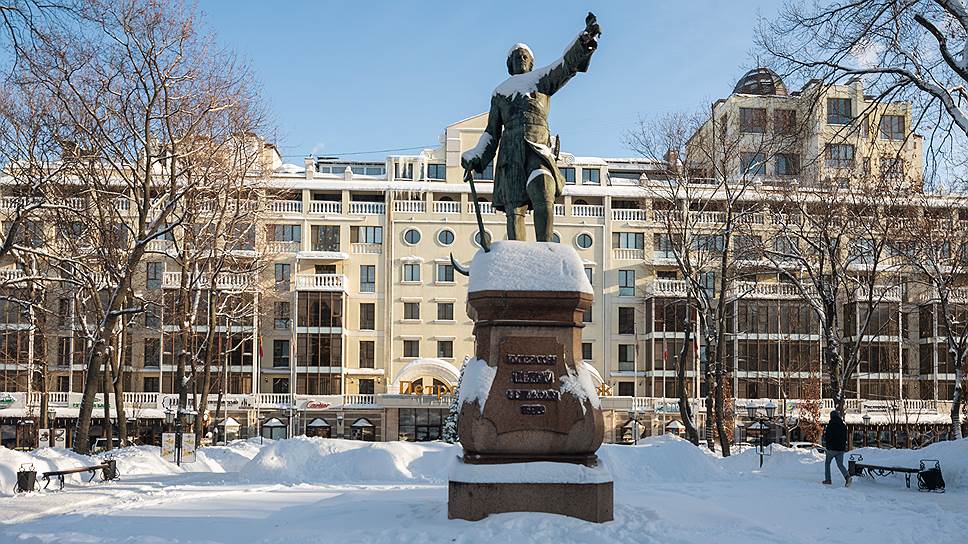 Памятник императору Петру I в сквере у ТЦ и отеля  «Петровский пассаж»