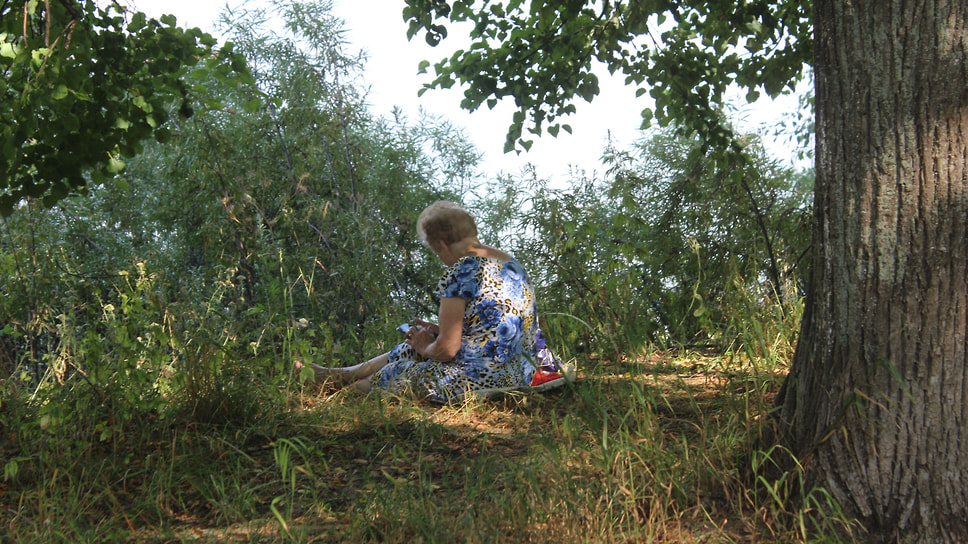 Уставшая женщина прячется от палящего солнца в тени деревьев, растущих в Павловской роще