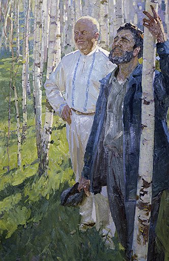 Марат Самсонов. Н. С. Хрущев и Ф. Кастро в березовой роще. 1960