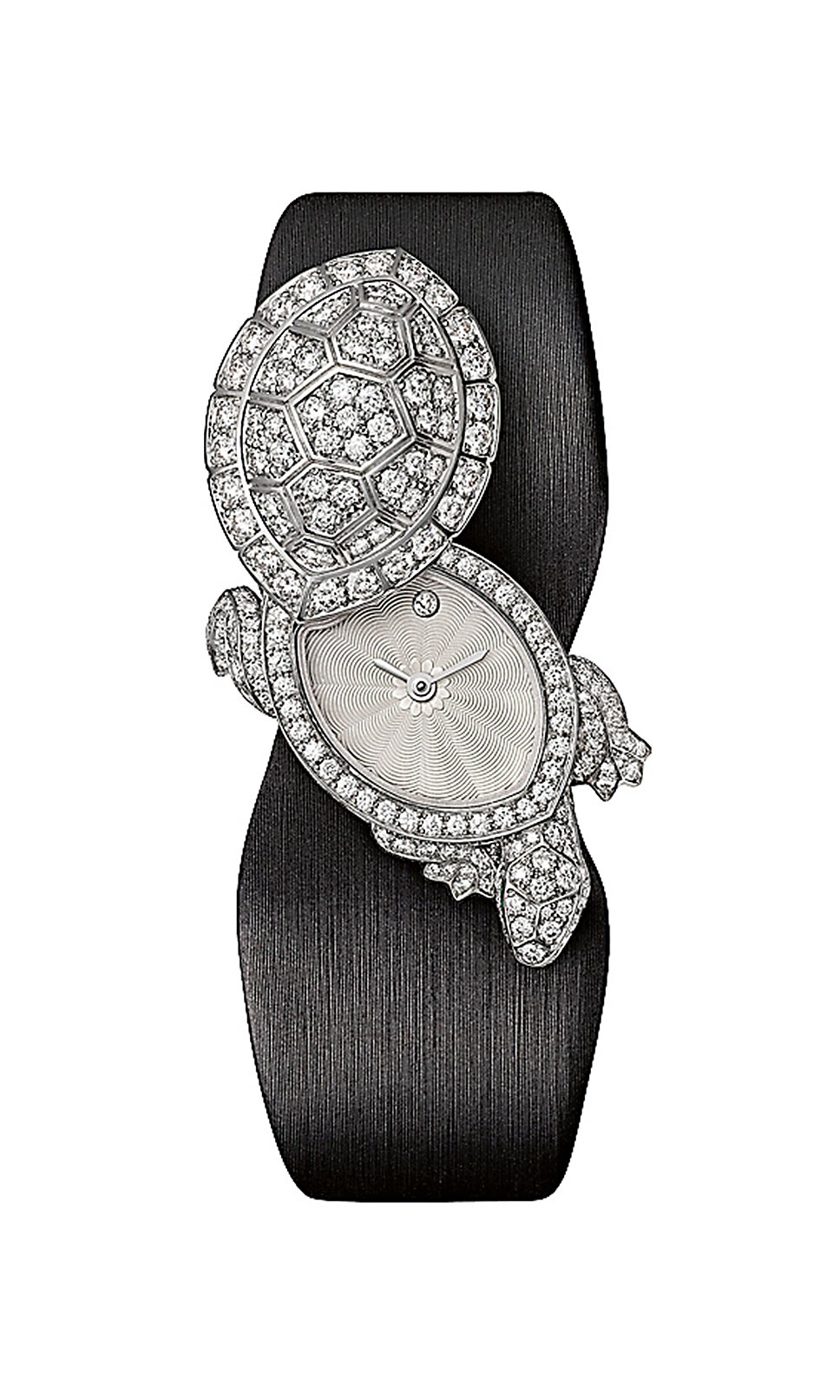 Cartier, Les Heures Fabuleuses, Tortue Secret Watch, 2013: часы с корпусом из белого золота представлены в двух версиях -- с крышкой, украшенной белыми бриллиантами, и с крышкой, созданной из морганита и также украшенной драгоценными камнями