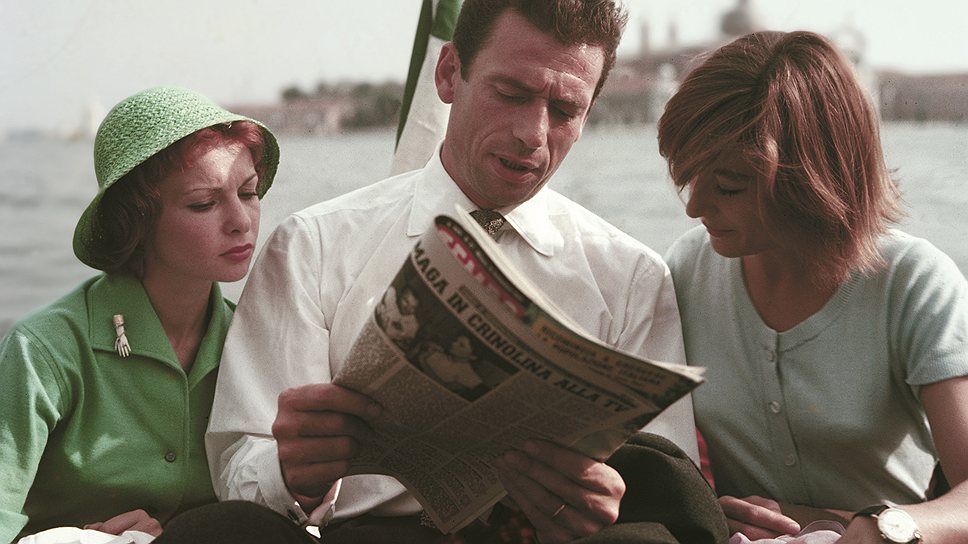 Французские звезды Франсуаз Арну, Ив Монтан и Анук Эме, Венеция, 1965 
