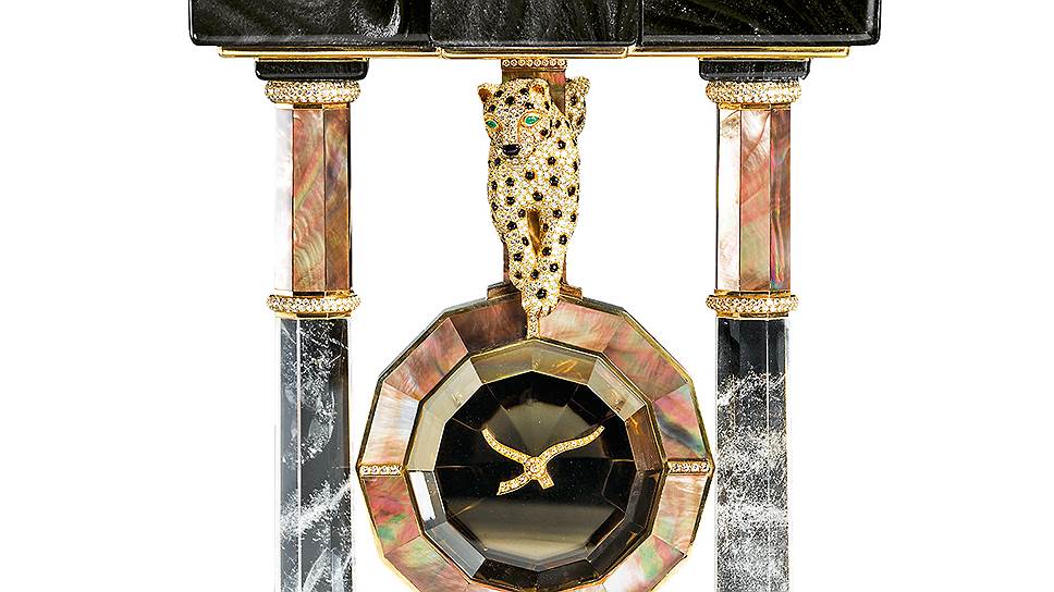 Cartier Часы The Double Panther Portico Mystery Clock, около 1990 года, проданы на торгах Sotheby’s в октябре 2013 года 