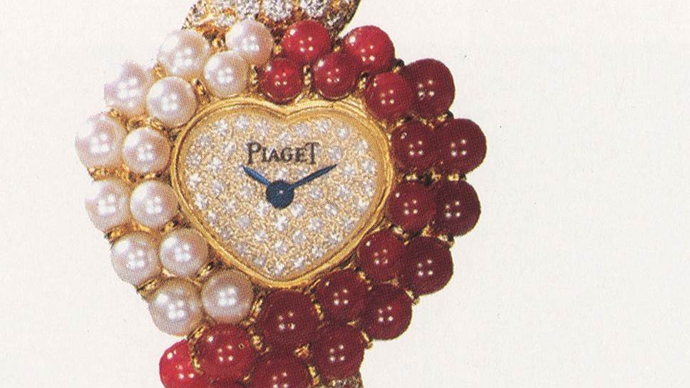 Piaget, часы из золота с жемчугом, рубинами и бриллиантами, &quot;тонкий&quot; кварцевый калибр 8P работы Piaget, 1987 
