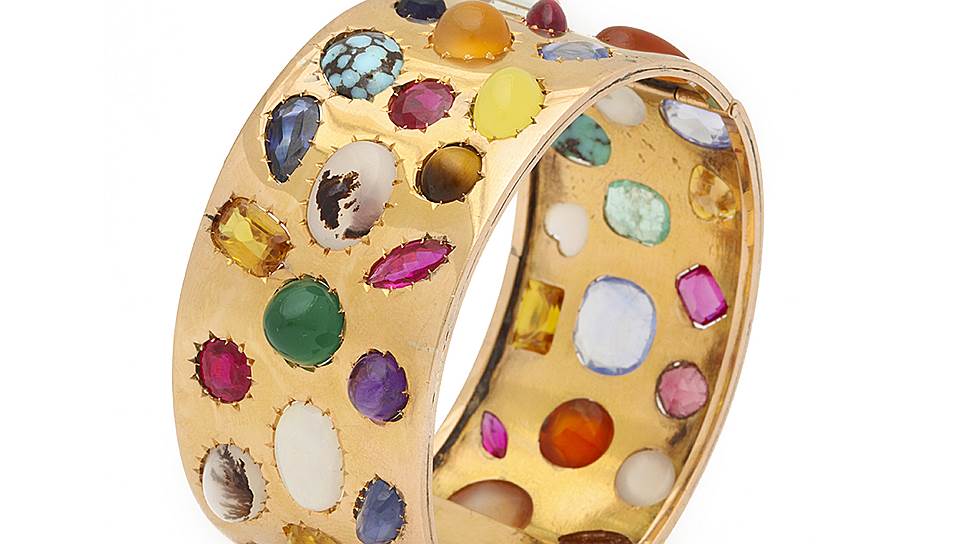 Золотой браслет-манжет с драгоценными и поделочными камнями, США, 1970-е годы 
