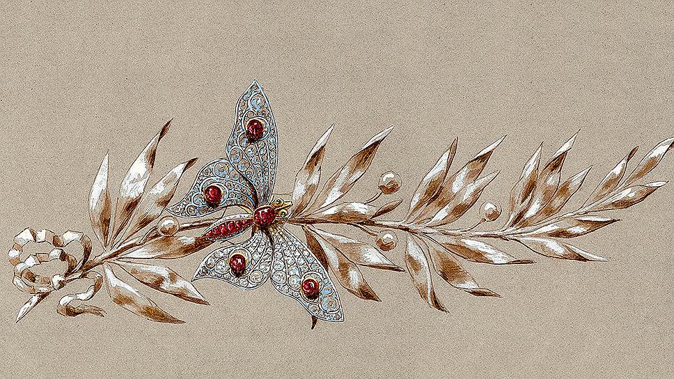 Эскиз броши с лавровым листом и бабочкой 